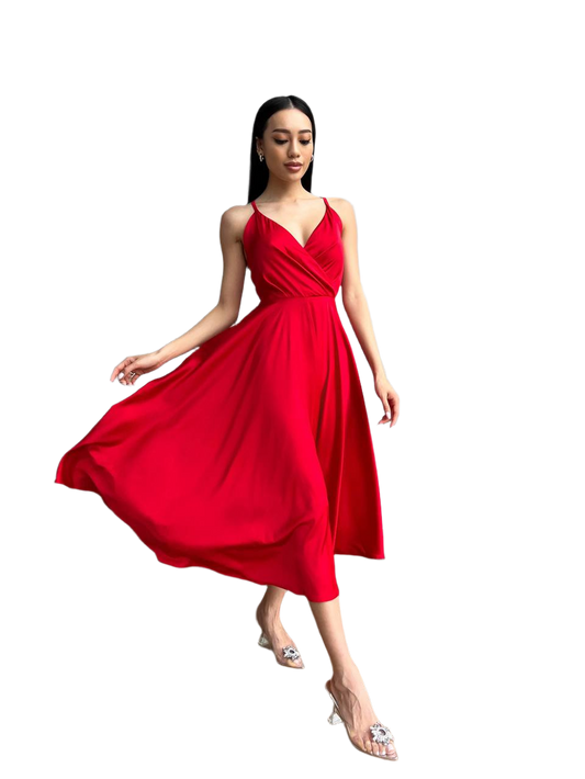Esmeralda Red Midi Sun Dress With Adjustable Straps