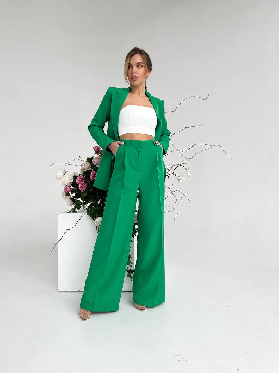 Grass Green Palazzo Suit Diagonal Crepe Womens Wide Leg Two Piece
