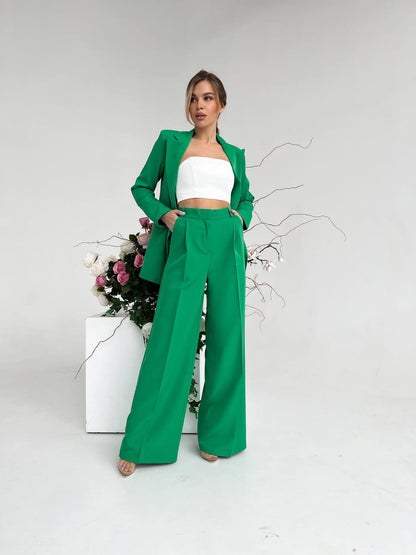 Grass Green Palazzo Suit Diagonal Crepe Womens Wide Leg Two Piece