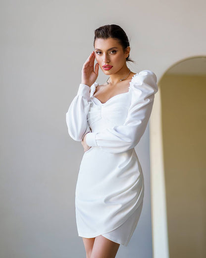 Elegant White Mini Dress With Puff Sleeves