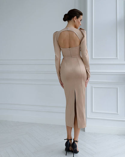 Elegant Long Sleeve Bodycon Dress in Beige
