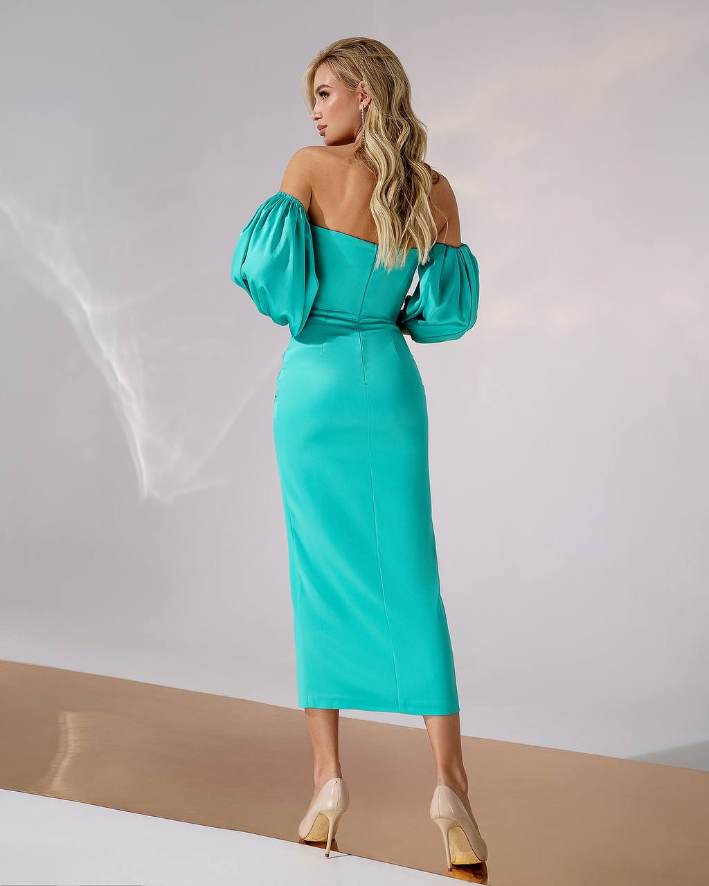Off Shoulder Royal Satin Midi Dress with Puff Sleeves