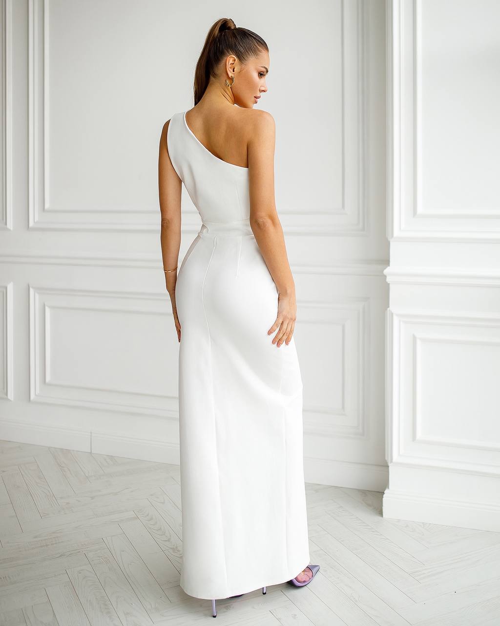Womens One Shoulder Cutout Bandage Dress in Milk White