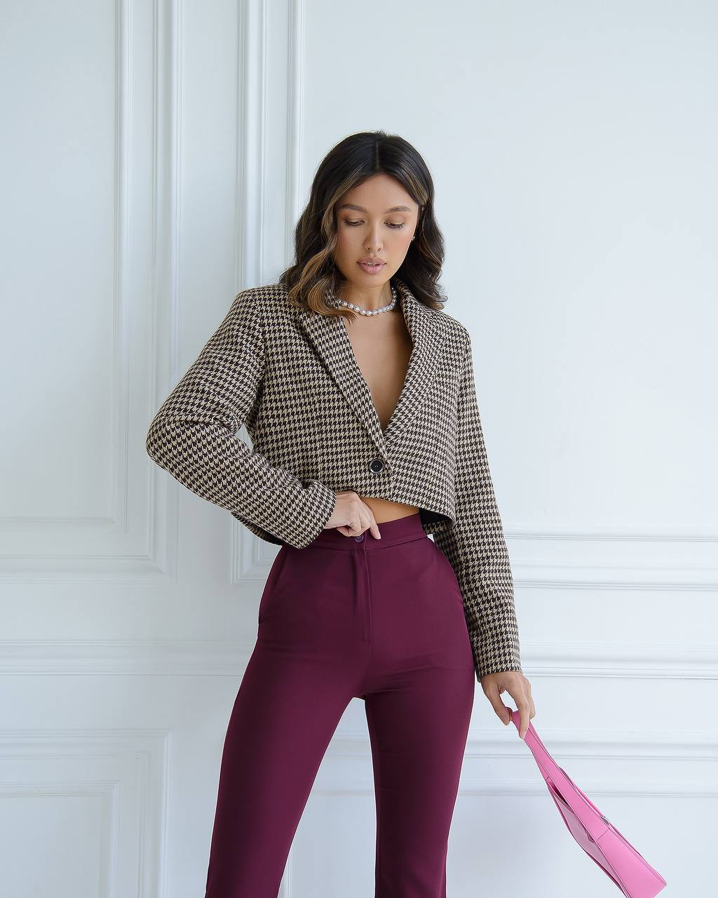 Women's Premium Houndstooth Pattern Blazer Cropped Suit Jacket