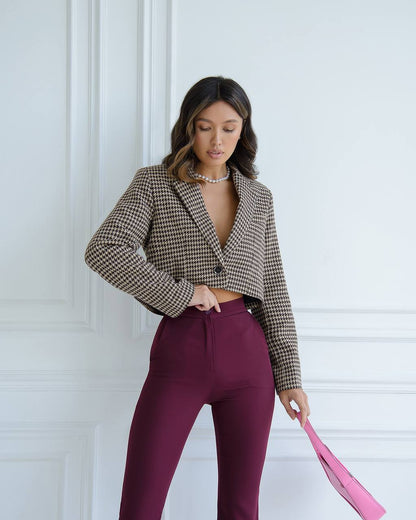 Women's Premium Houndstooth Pattern Blazer Cropped Suit Jacket
