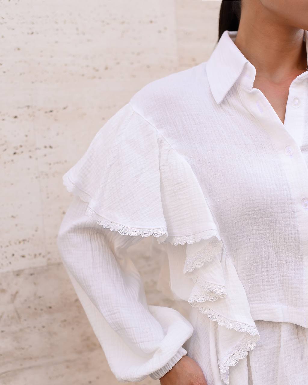 Women's Muslin Two-Piece Set Shirt and Skirt in Milk with Hearts Print