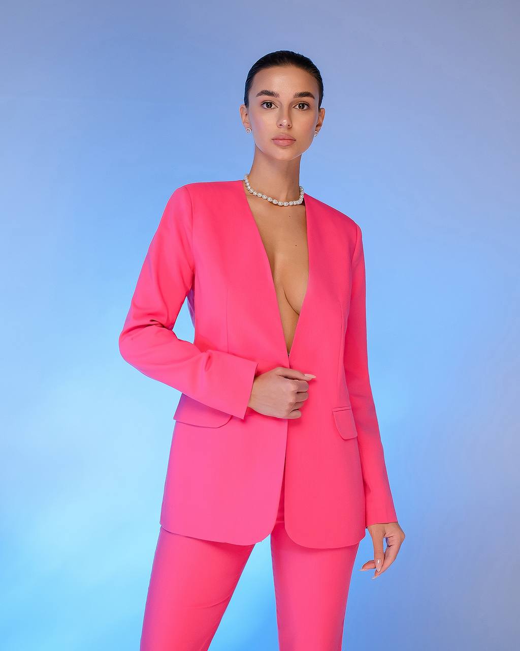 Womens Collarless Suit Jacket with Matching Pants in Raspberry