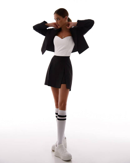 Elegant Black Lined Jacket and Skirt-Shorts Suit for Women