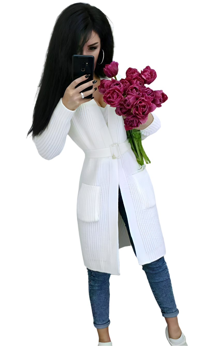 Womens Long White Knitted Cardigan with Belt
