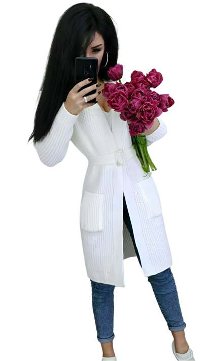 Womens Long White Knitted Cardigan with Belt