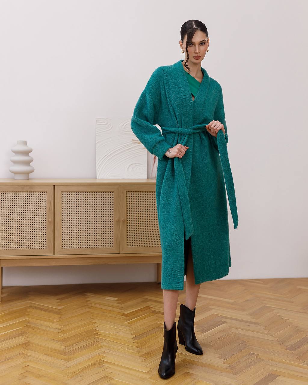 Womens Silva Fluffy Cardigan Long Sleeve Belted Coat Emerald Green