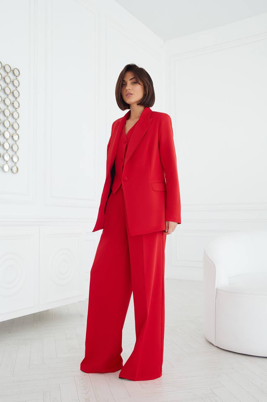 Women Three Piece Suit Red Premium Diagonal Crepe Lined Vest Jacket Trousers