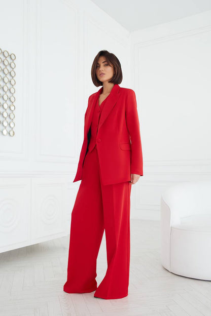 Women Three Piece Suit Red Premium Diagonal Crepe Lined Vest Jacket Trousers