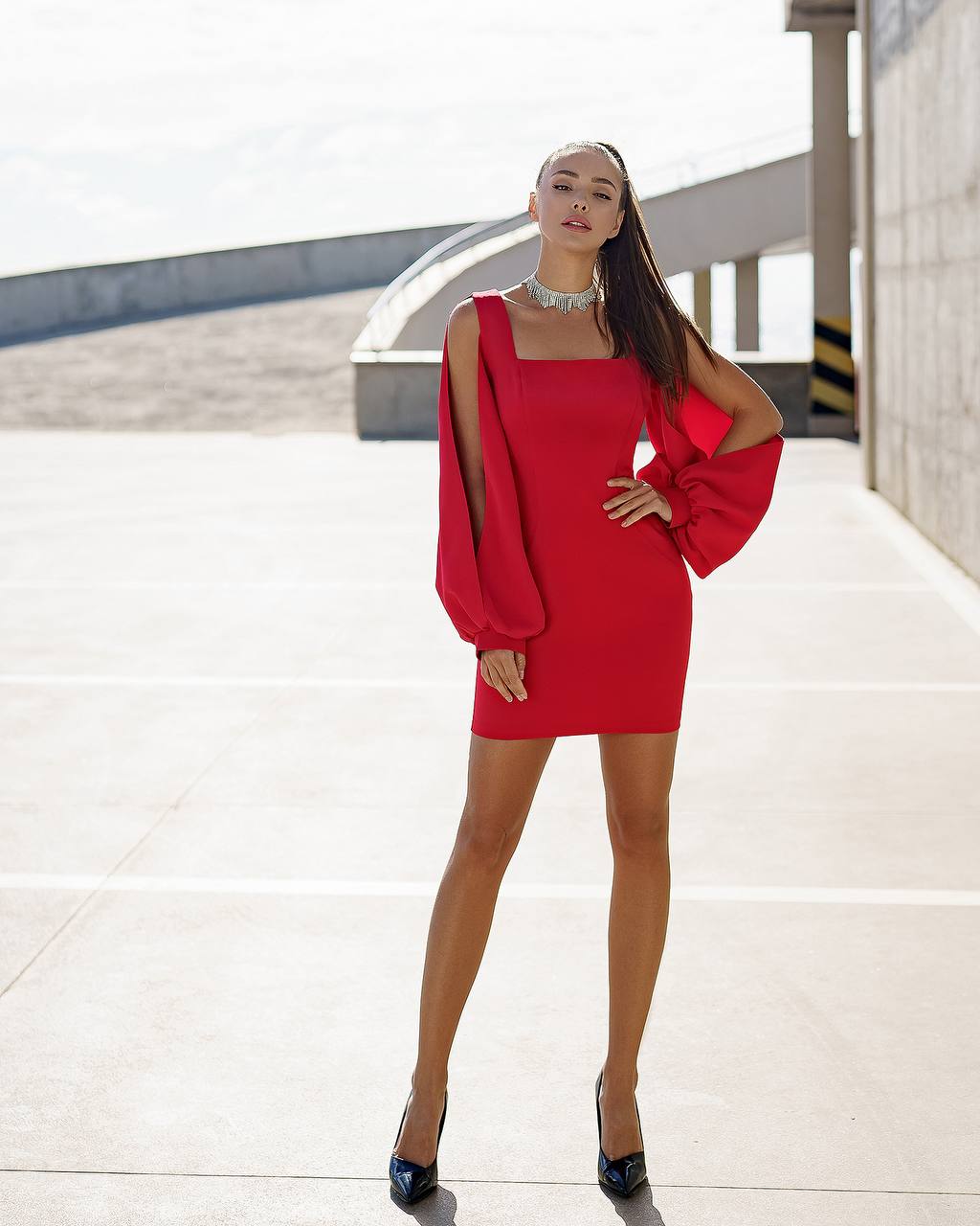 Elegant Red Mini Dress with Balloon Sleeves for Women