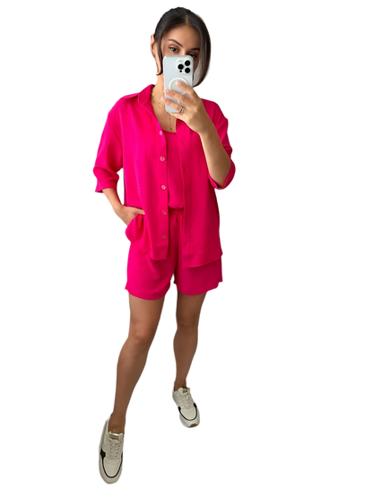 Summer Lightweight Three-Piece Suit with Shirt, Tank Top, and Shorts