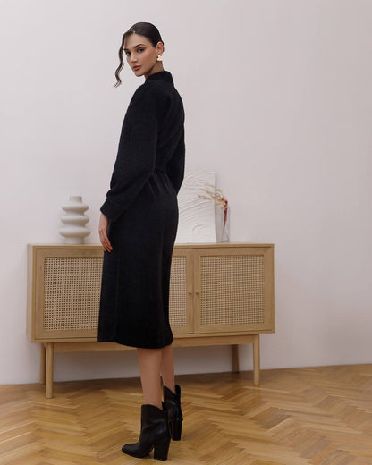 Silva Fluffy Black Long Cardigan with Belt for Women