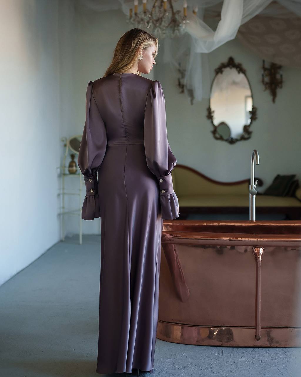 Elegant Long Satin Dress with Ruffle Sleeves for Women