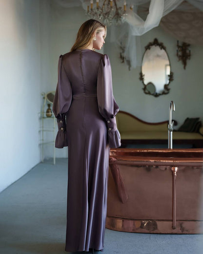 Elegant Long Satin Dress with Ruffle Sleeves for Women