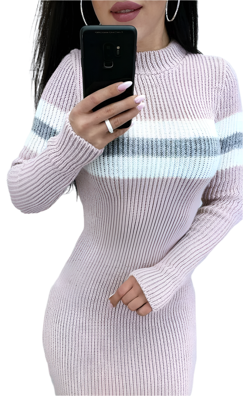 Person wearing a light purple ribbed knit dress with a white stripe, holding a phone.