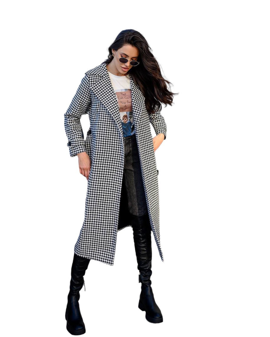 Womens Houndstooth Turkish Coat with Belt