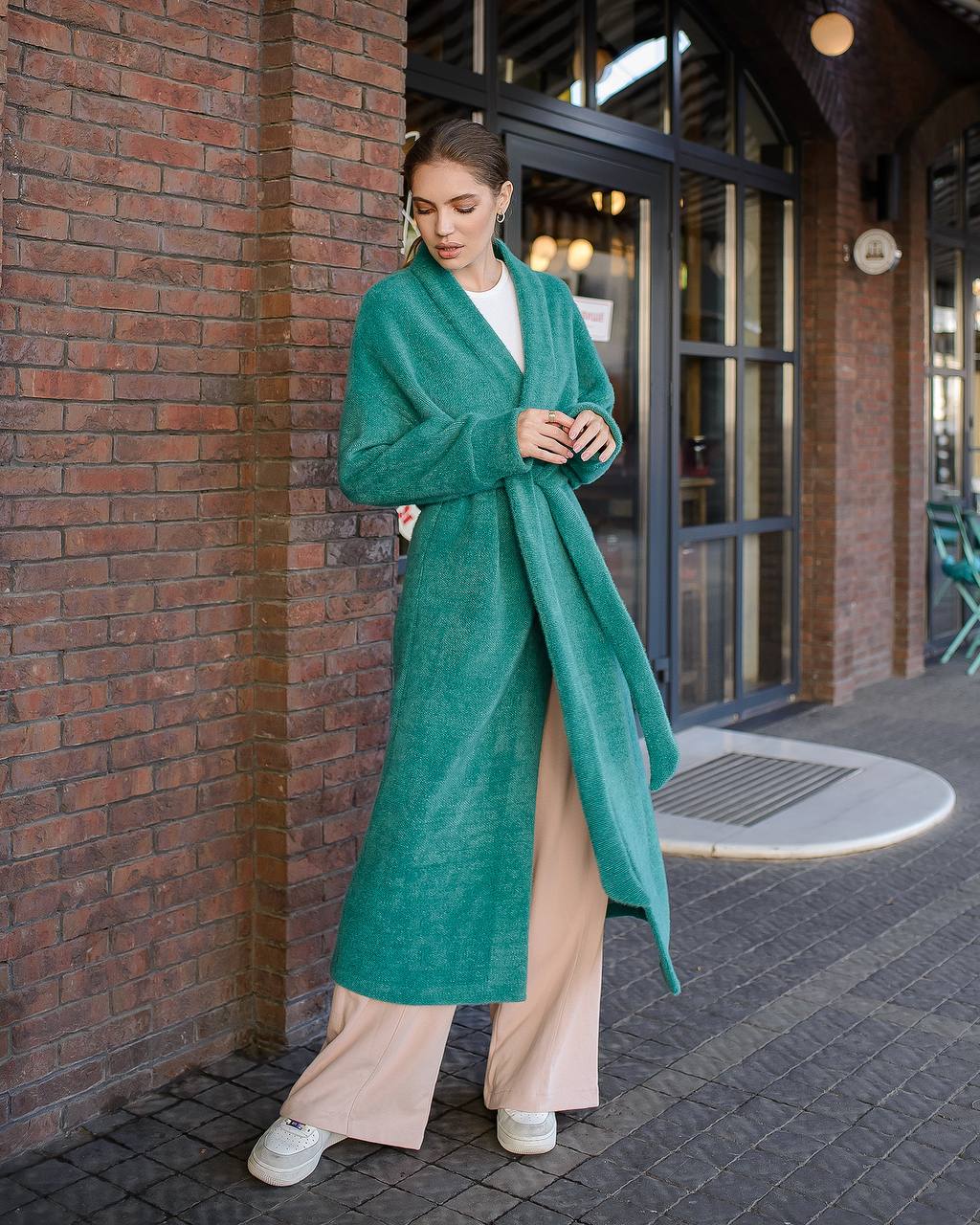Womens Silva Fluffy Cardigan Long Sleeve Belted Coat Emerald Green
