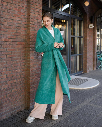Womens Silva Fluffy Cardigan Long Sleeve Belted Coat Emerald Green