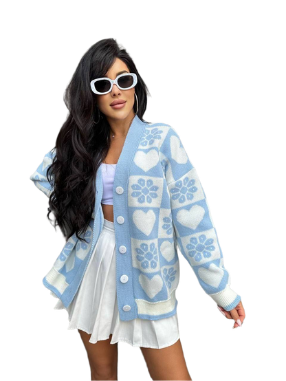Warm Knitted Cardigan for Women with Heart and Flower Pattern