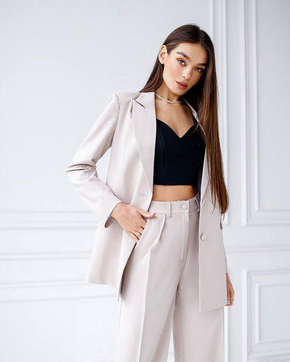 Womens Polished Tiar Lux Fabric Suit Beige Jacket and Pants