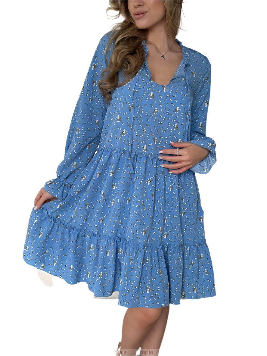 Woman wearing a blue floral dress on a white background
