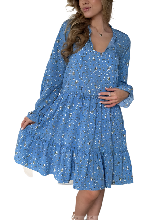 Woman wearing a blue floral dress on a white background