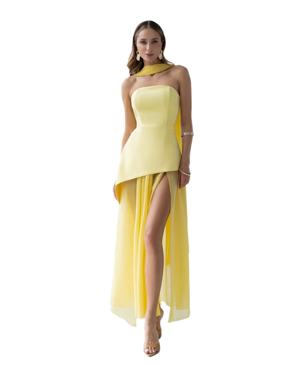 3 Piece Elegant Yellow Wedding Bridal Set - Corset Style Dress, Chiffon Skirt and Scarf