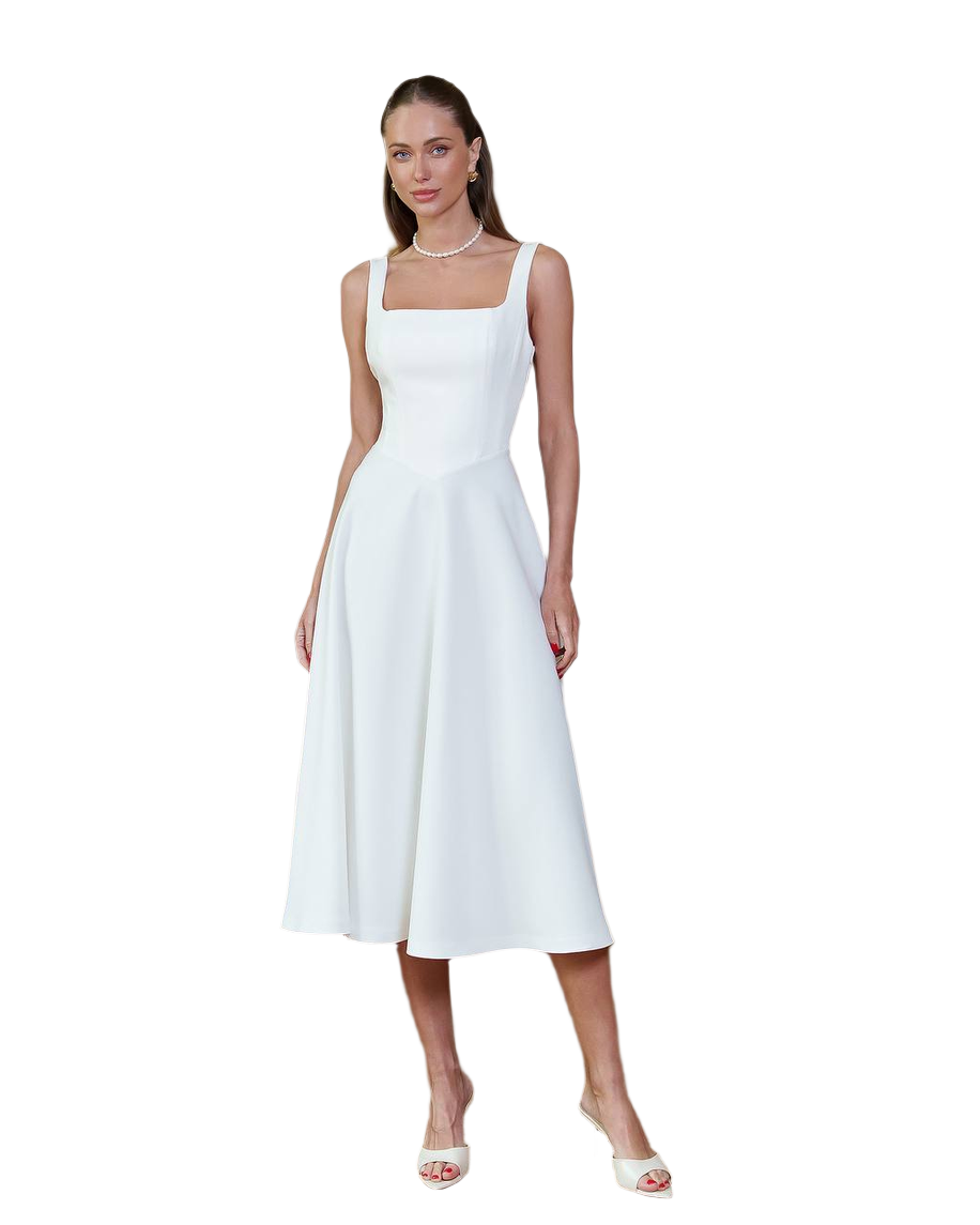 Elegant White Midi Dress Premium Suit Crepe-Diagonal