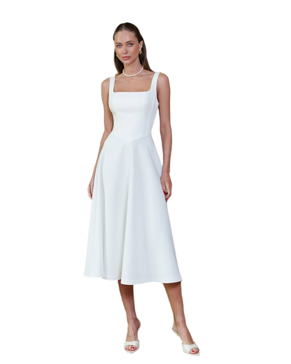 Elegant White Midi Dress Premium Suit Crepe-Diagonal