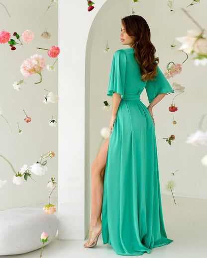 Elegant Long Sleeve Silk Dress with Pockets in Green, Beige, or Graphite for Special Occasions