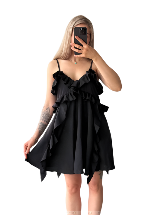 Black Boho Style Ruffle Dress with Adjustable Straps