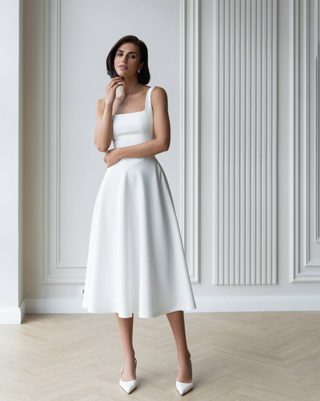 Elegant White Midi Dress Premium Suit Crepe-Diagonal