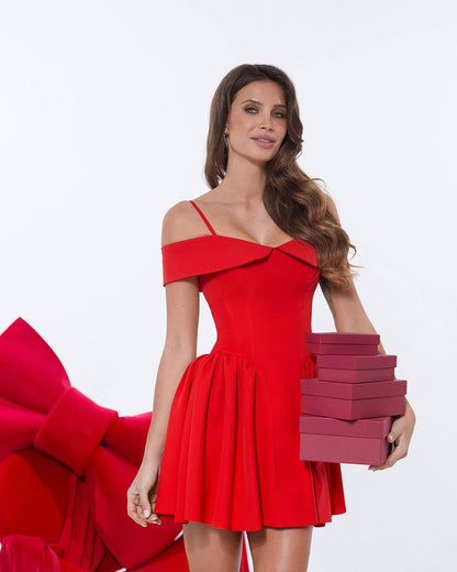 Women Red Off Shoulder Corset Dress in Premium Crepe Fabric
