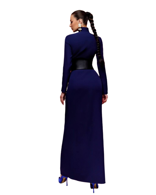 Navy blue evening gown with a fitted bodice and long skirt on a white background