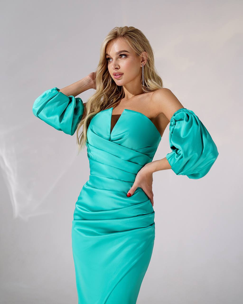 Off Shoulder Royal Satin Midi Dress with Puff Sleeves