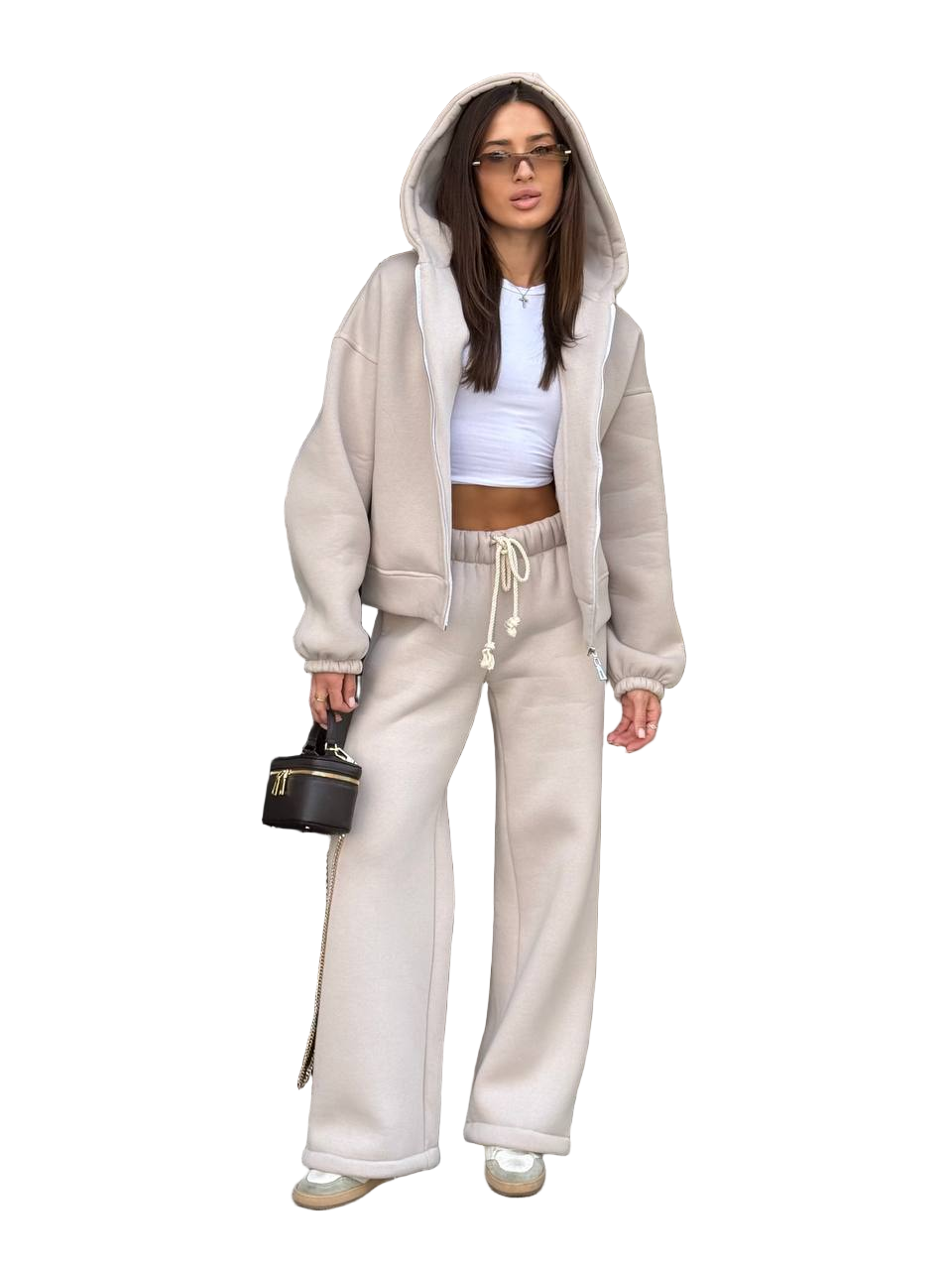 Womens Beige Tracksuit Set Fleece Lined Zip Hoodie Wide Leg Drawstring Joggers
