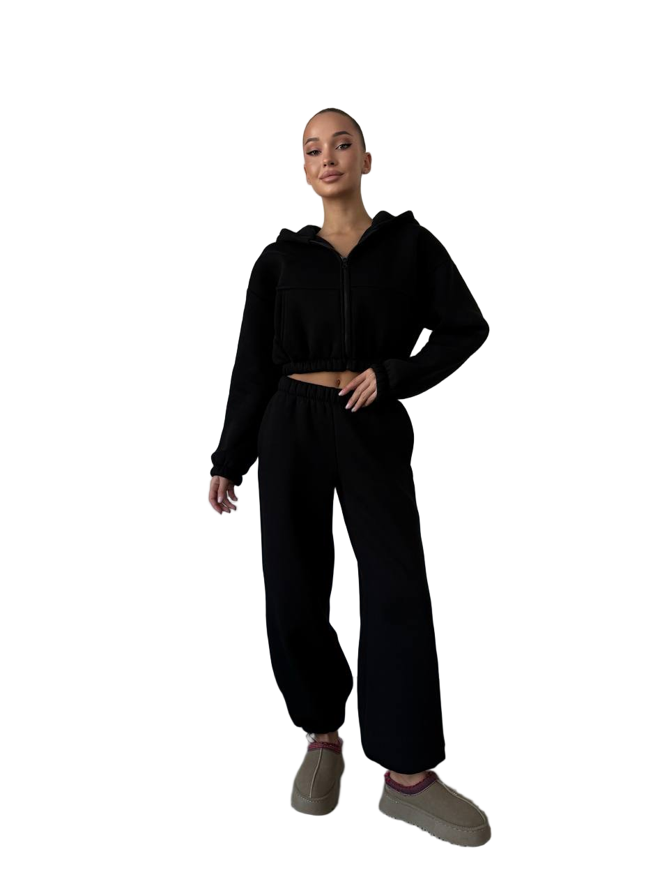 Black Fleece Tracksuit Women Thermal Cotton Blend Cropped Hoodie Adjustable Joggers