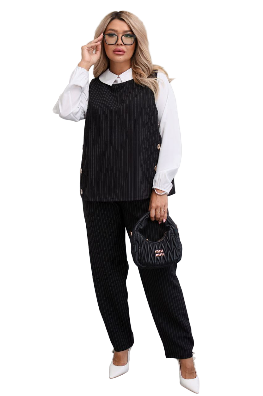 Black Pinstripe Three-Piece Suit Vest Pants Blouse Set Women's Tailored Suit