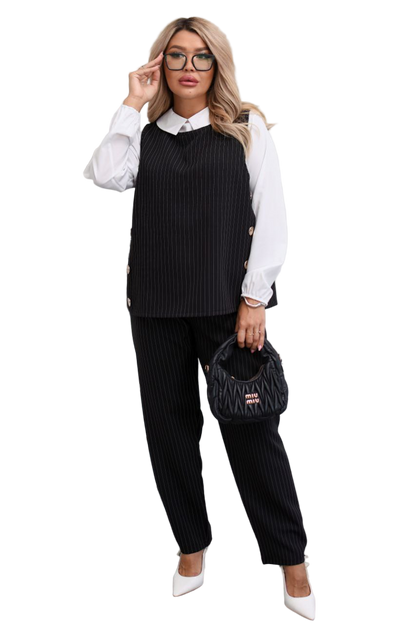 Black Pinstripe Three-Piece Suit Vest Pants Blouse Set Women's Tailored Suit