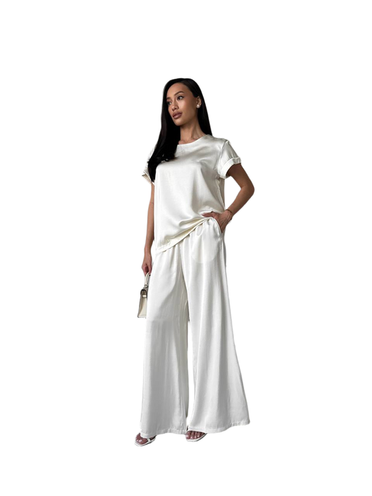 Luxury Satin Suit for Women Elegant Wide Leg Pants and Short Sleeve Top