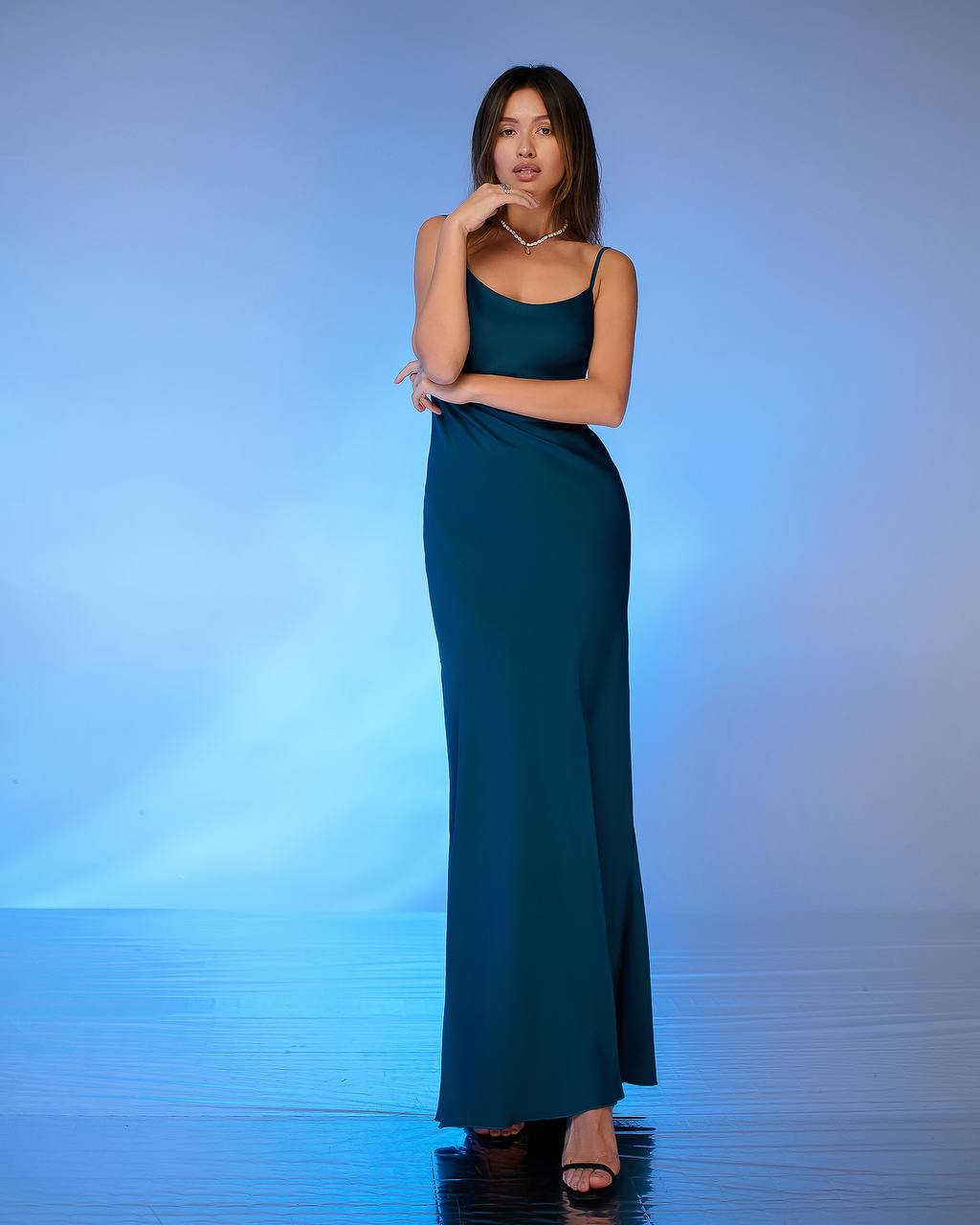 Long Satin Dress Slip for Women in Blue Premium Pandora Fabric