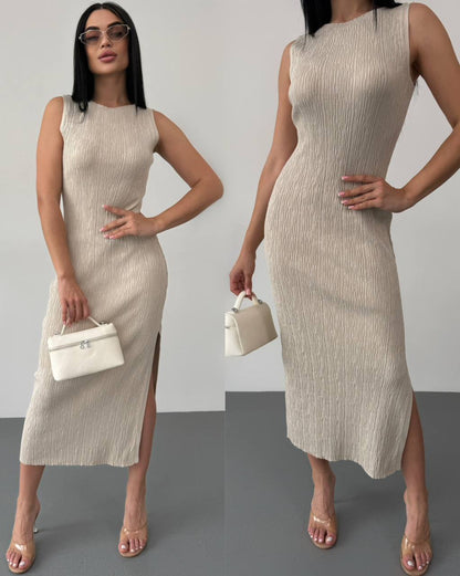 Sleeveless Beige Textured Midi Dress with Side Slit for Women
