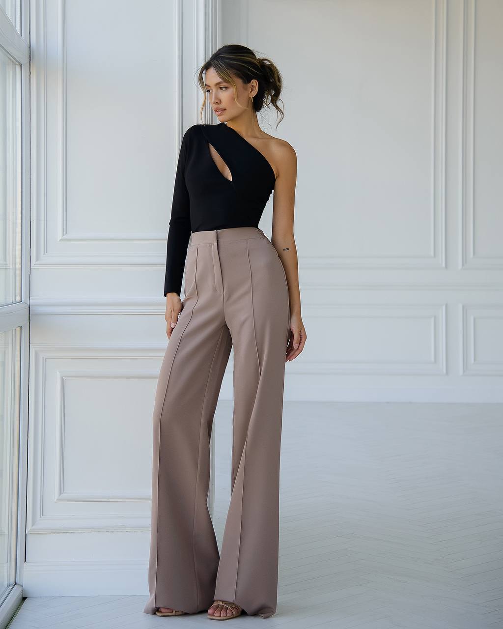 Women Elastic Back Wide Leg Pants Premium Suit Crepe Diagonal