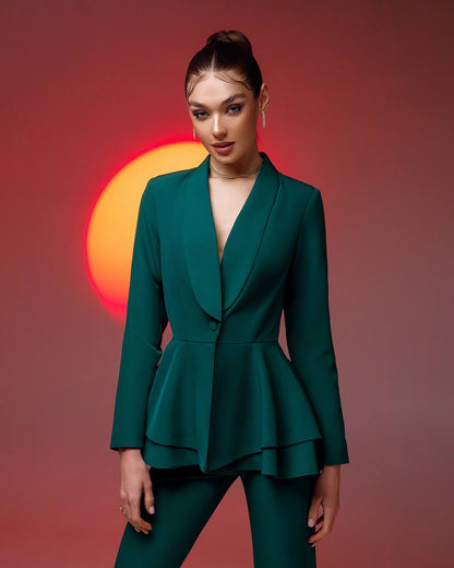 Premium Diagonal Crepe Women Suit with Peplum Jacket in Green