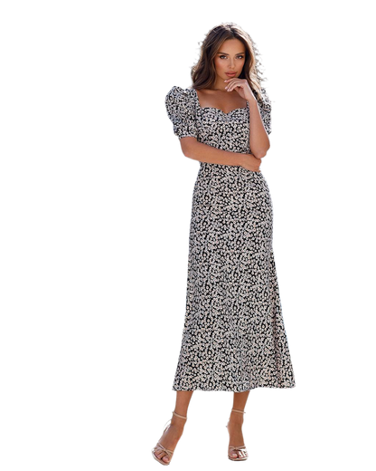 Floral Print Puff Sleeve Midi Dress in Black