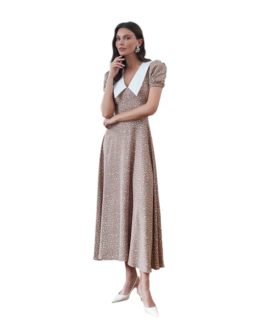 Elegant Brown Print Midi Dress with White Collar for Women